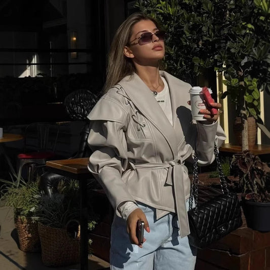 Lace-Up Belted Leather Blazer